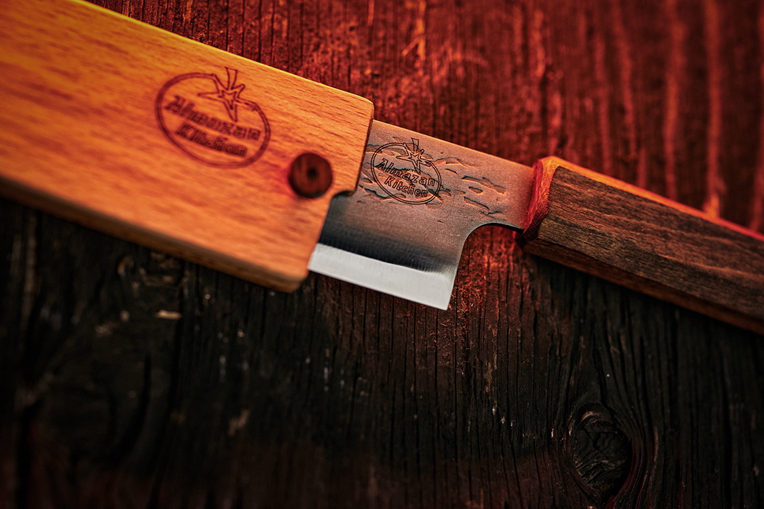 Close-up of the kiritsuke knife and its wooden handle