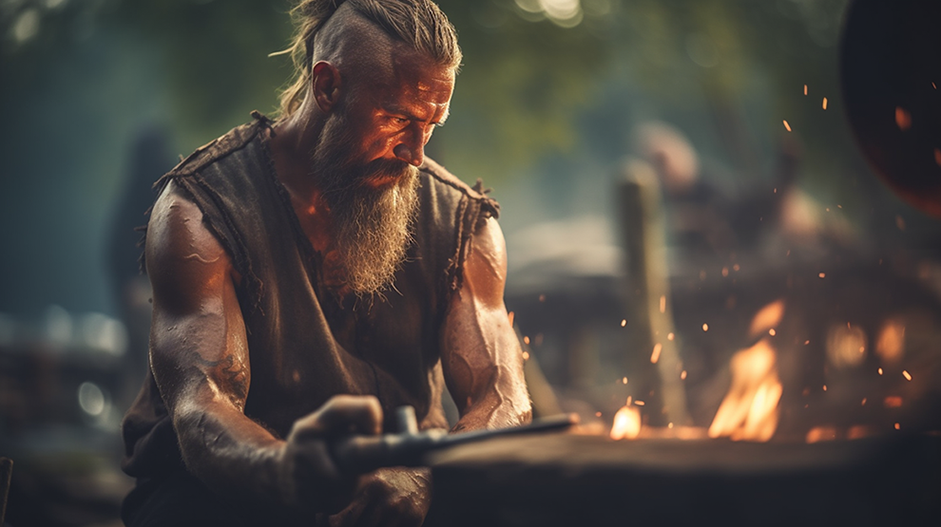 A blacksmith hand-forging steel over an open fire